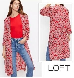 LOFT Red White Floral Long Kimono Duster Cover Up Women's XS/S Boho Festival